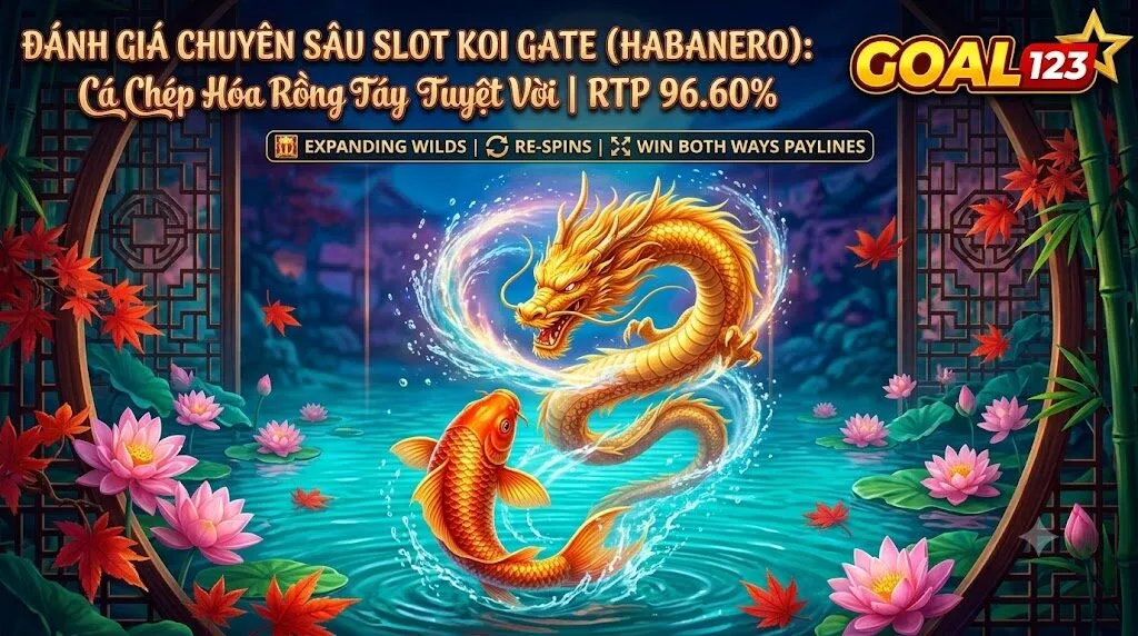 Hình ảnh đánh giá chi tiết game slot Koi Gate của Habanero với đồ họa cá chép hóa rồng tuyệt đẹp tại cổng game Goal123.